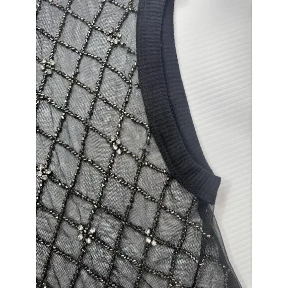 Free People Disco Nights Mesh Beaded Top Black Sheer Rhinestone Festival Unisex - Picture 14 of 16